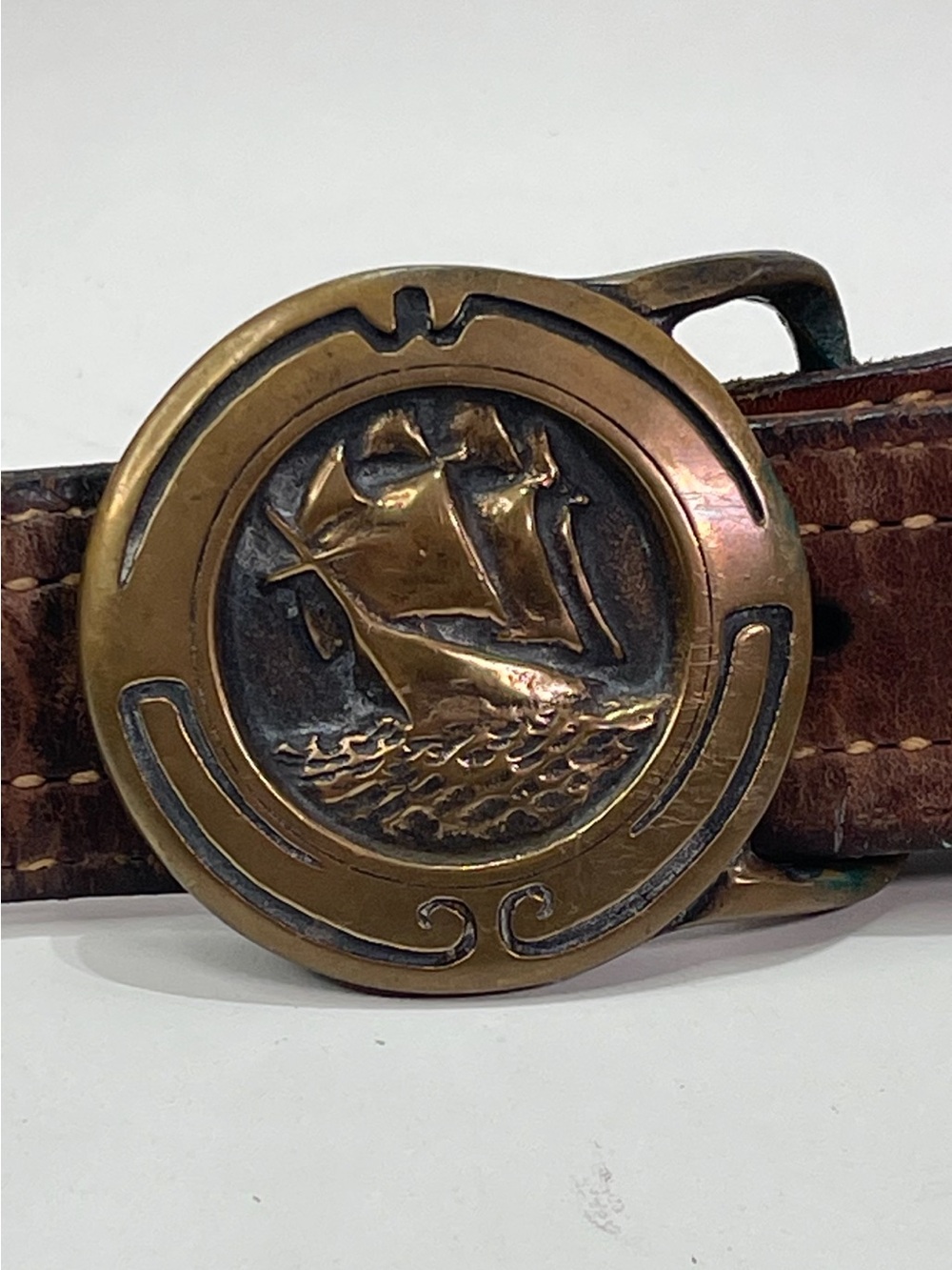 VTG 70s Brass Buckle Leather Belt Tech Ether Guild Inc Glory Of The Seas Coastal